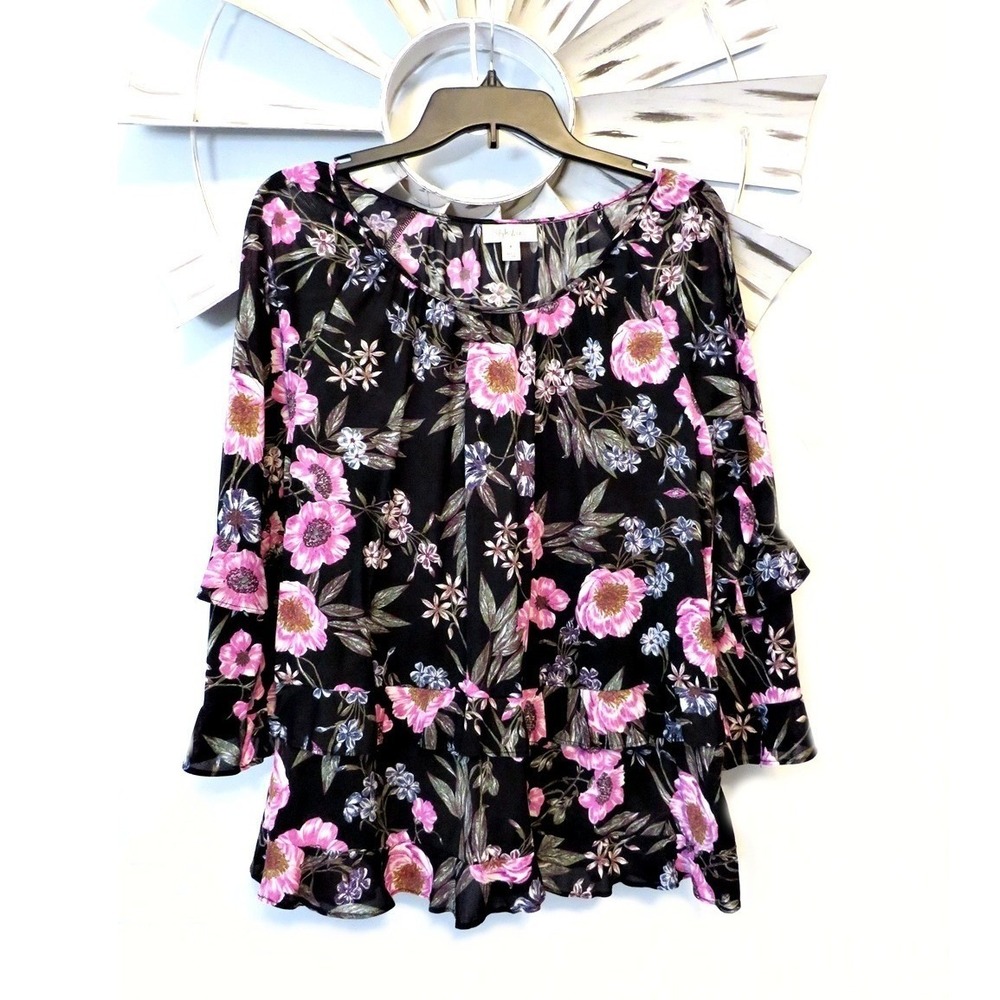 Style & Co Women's‎ Medium Floral Blouse Black Pink Bell Sleeve Ruffle Hem Boho
